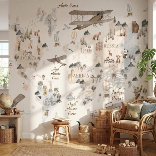 Watercolor World Map Wallpaper For Kids Room Animal Explorer Nursery Mural Kids Travel Adventure Wall Decor
