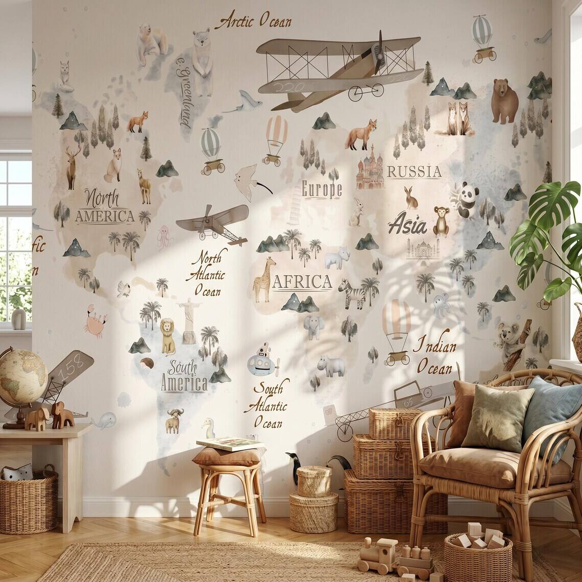 Watercolor World Map Wallpaper For Kids Room Animal Explorer Nursery Mural Kids Travel Adventure Wall Decor