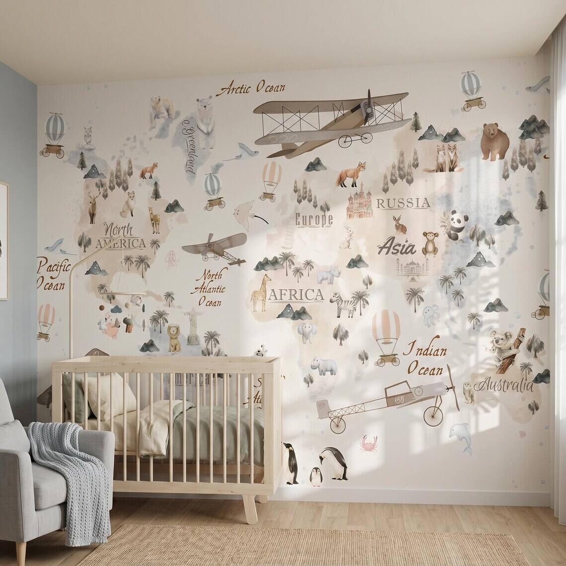 Watercolor World Map Wallpaper For Kids Room Animal Explorer Nursery Mural Kids Travel Adventure Wall Decor
