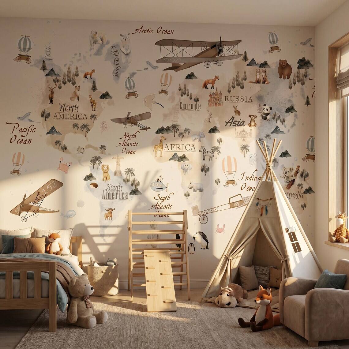 Watercolor World Map Wallpaper For Kids Room Animal Explorer Nursery Mural Kids Travel Adventure Wall Decor