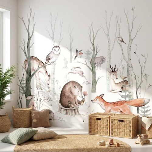 Woodland Animals Kids Wallpaper Forest Nursery Wall Mural Peel And Stick Kids Room Decor Cute Fox Bear Deer Removable Watercolor Paper